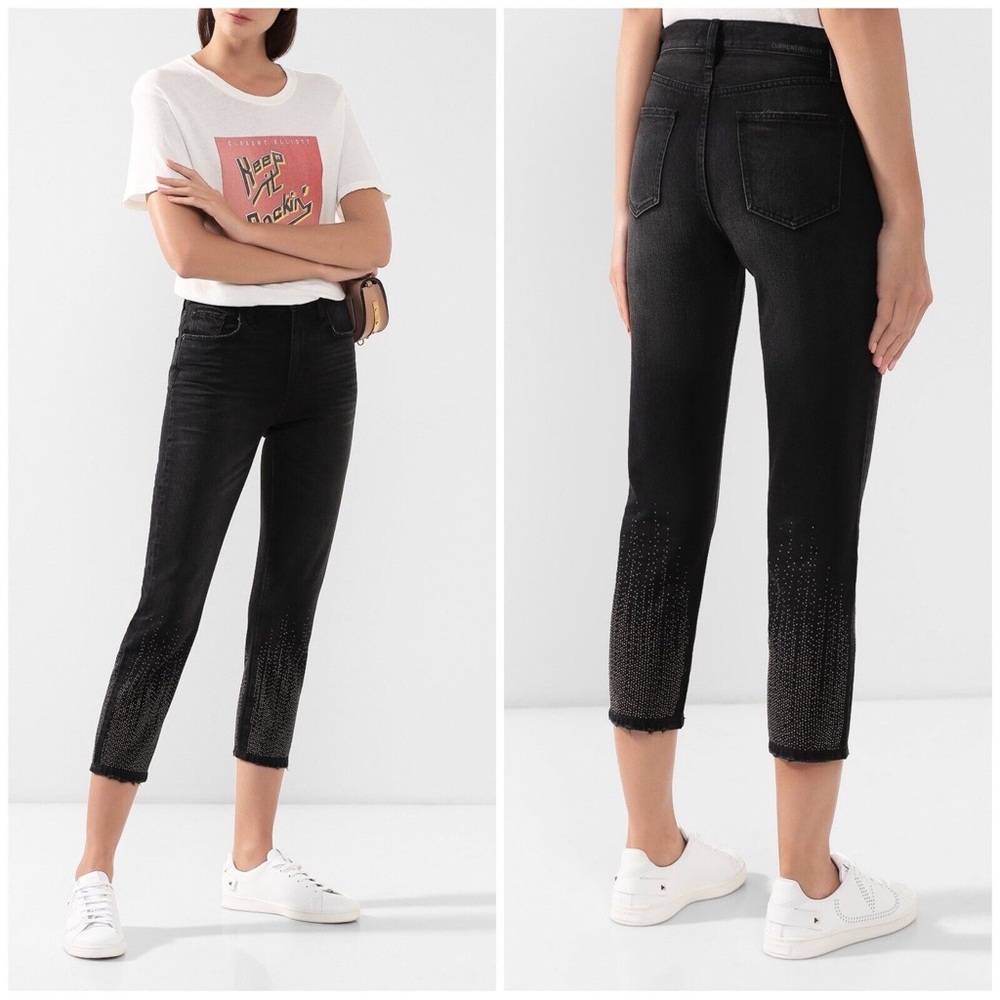 Current elliot vintage cropped high rise Belmont studded hem jean